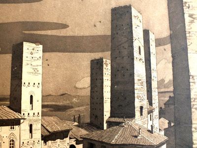 Sir Claude Francis Barry aquatint etching "tower san Gimignano Tuscan" years 30 